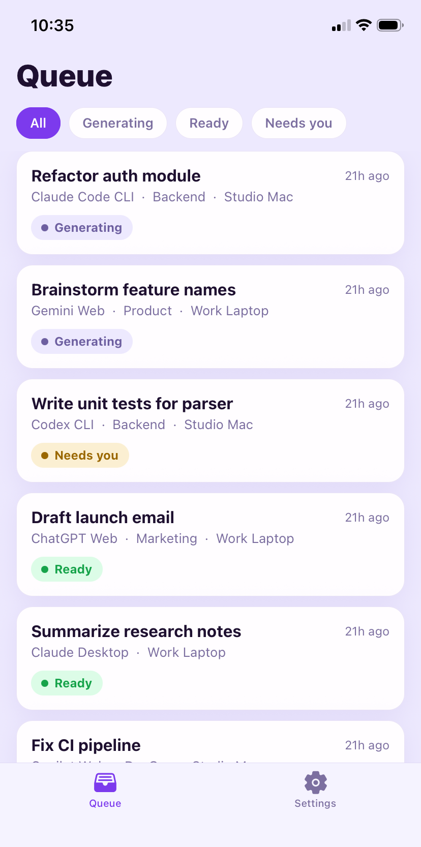 The Multi Agent Manager iPhone app showing the live queue.