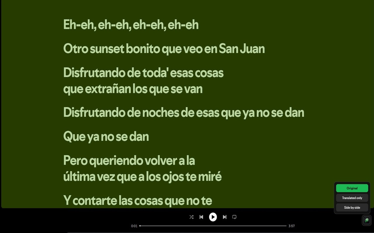 Spotify's lyrics view showing the original Spanish lyrics.