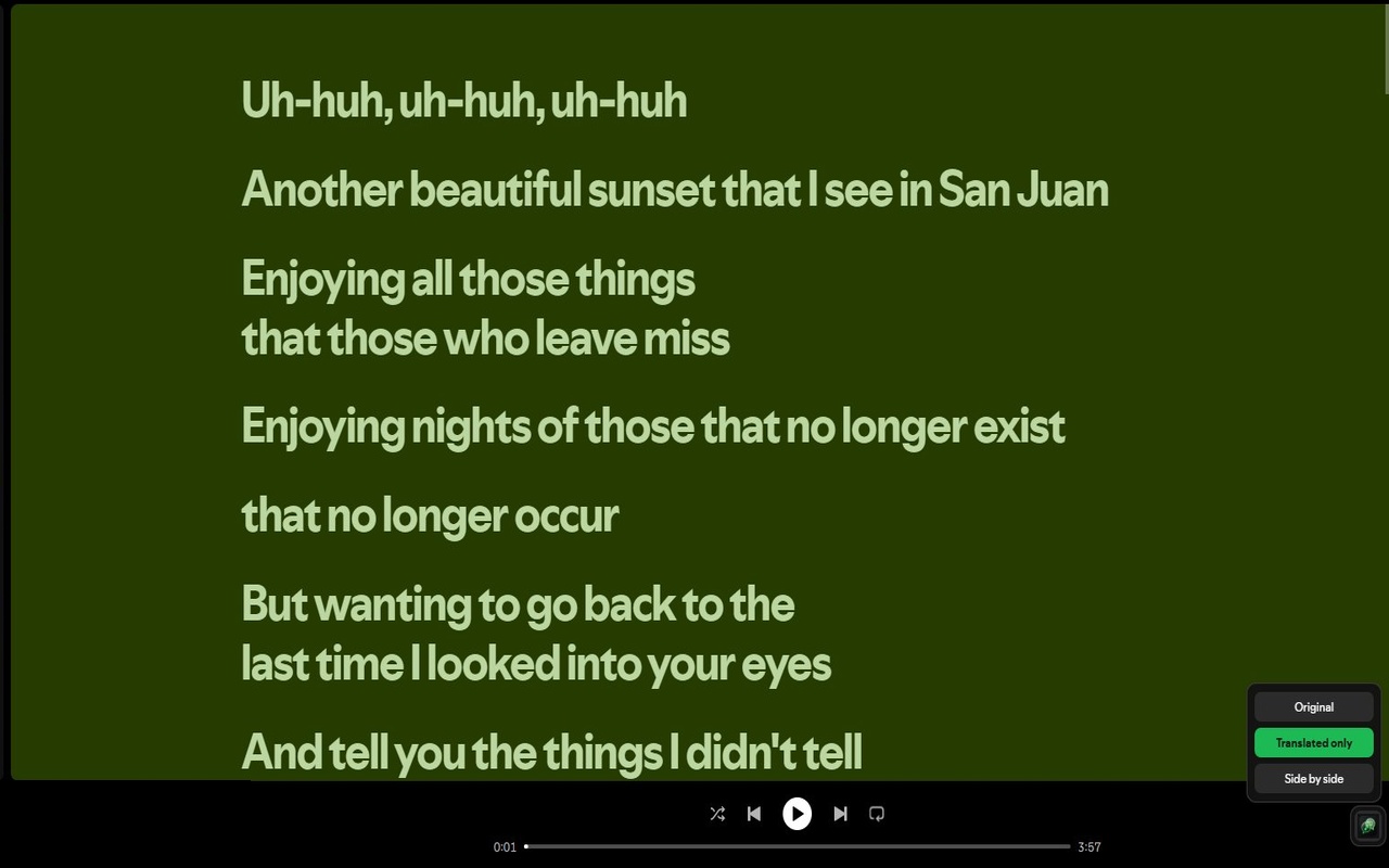 Spotify's lyrics view with the extension's default inline English translation.